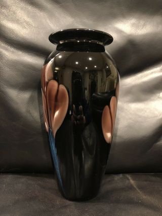 Richard Satava Black Studio Art Glass Vase With Purple/Blue Flower Decoration 5
