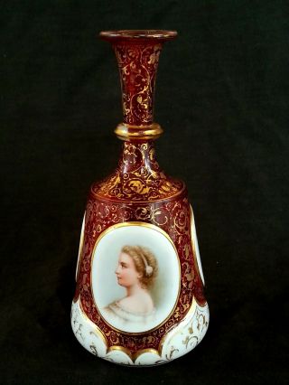 Antique Bohemian Cranberry Glass Vase W.  Hand Painted Portrait Of Young Lady