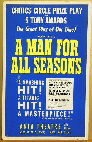 Triton Offers Orig 1962 Broadway Poster A Man For All Seasons Tony Award Winner