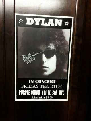 Signed In Person Bob Dylan Nyc Purple Onion Poster.  Rare Dylan Face Signature