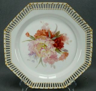 Kpm Berlin Hand Painted Weichmalerei Pink Carnations & Gold Reticulated Plate