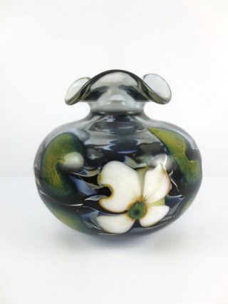 Charles Lotton 1987 Art Glass Multi Flora Vase Signed Purple Green White Flowers