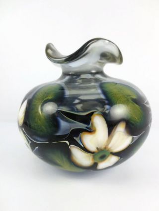 Charles Lotton 1987 Art Glass Multi Flora Vase Signed Purple Green White Flowers 3