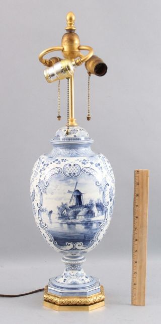 Large Antique Hand Painted Blue & White Delft Windmill Covered Urn Lamp