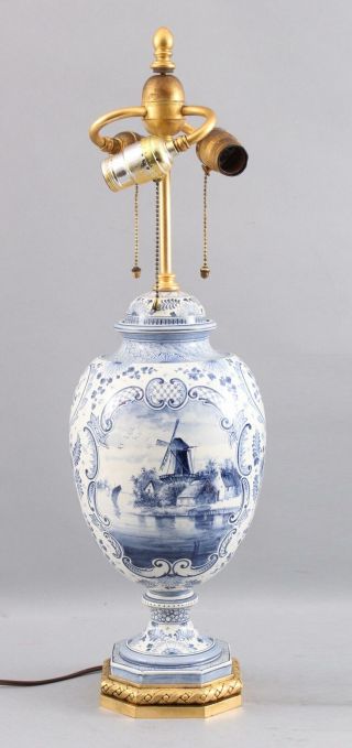 Large Antique Hand Painted Blue & White Delft Windmill Covered Urn Lamp 2