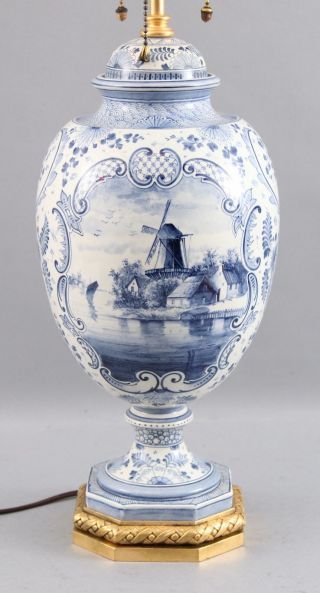 Large Antique Hand Painted Blue & White Delft Windmill Covered Urn Lamp 3