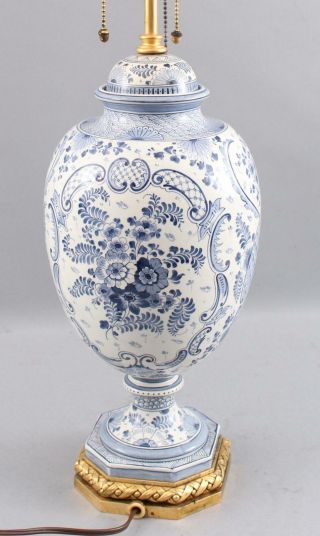Large Antique Hand Painted Blue & White Delft Windmill Covered Urn Lamp 8