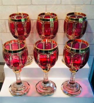 Six Moser Art Glass Goblets - Cranberry Cabochon