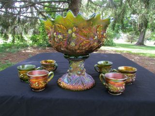 Northwood Acorn Burrs Antique Carnival Glass Complete 8 Pc.  Punch Set Green
