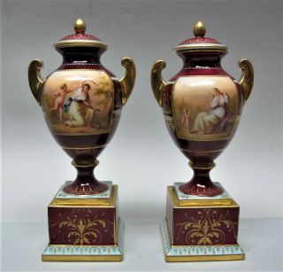 Antique Diminuitive Royal Vienna Hand - Painted Porcelain Urns C.  1890