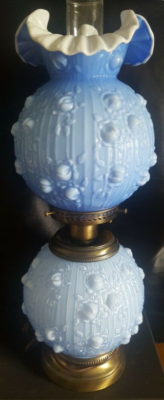 22 " Fenton Rare Pastel Blue Overlay Embossed Rose Gone With The Wind Lamp
