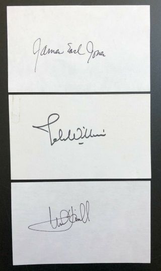 John Williams,  James Earl Jones,  Mark Hamill Signed Index Cards.  Star Wars.  Bas.