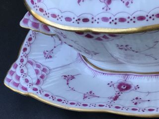Royal Copenhagen Red Full Fluted Lace Gravy Boat Attached Plate,  Lid ca.  1890 WOW 10