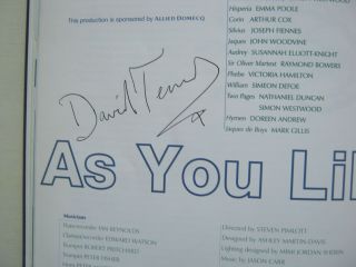SIGNED AUTOGRAPH DAVID TENNANT AS YOU LIKE IT RSC THEATRE PROGRAMME,  TICKET 8
