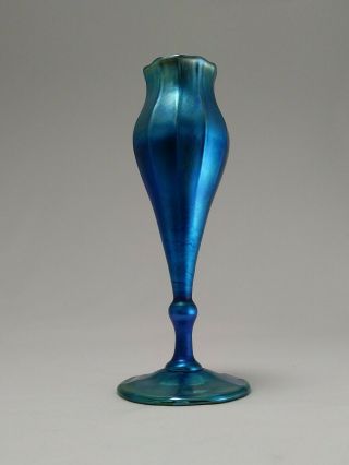 L C T Louis Comfort Tiffany Favrile Floriform Iridescent Blue Glass Vase Signed 12