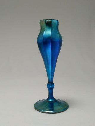L C T Louis Comfort Tiffany Favrile Floriform Iridescent Blue Glass Vase Signed