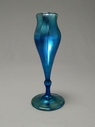 L C T Louis Comfort Tiffany Favrile Floriform Iridescent Blue Glass Vase Signed 2