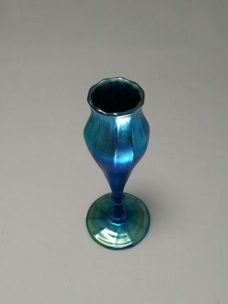 L C T Louis Comfort Tiffany Favrile Floriform Iridescent Blue Glass Vase Signed 3