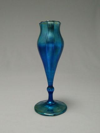 L C T Louis Comfort Tiffany Favrile Floriform Iridescent Blue Glass Vase Signed 5