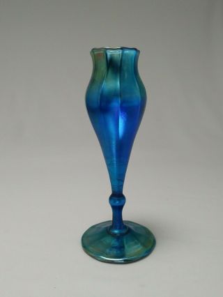 L C T Louis Comfort Tiffany Favrile Floriform Iridescent Blue Glass Vase Signed 8