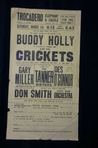 Very Rare 1958 Buddy Holly & Crickets Concert Poster Handbill Trocadero London