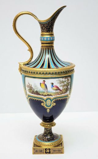 Antique Royal Crown Derby Porcelain Ewer Vase By Desire Leroy W Birds & Flowers