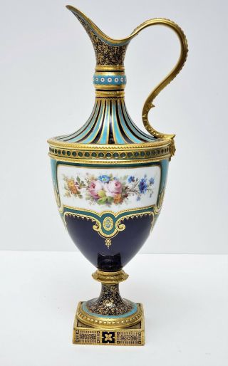 Antique Royal Crown Derby Porcelain Ewer Vase by Desire Leroy w Birds & Flowers 2