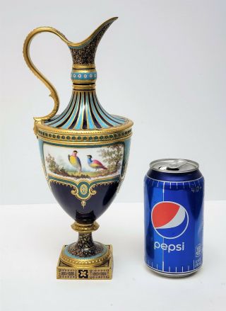 Antique Royal Crown Derby Porcelain Ewer Vase by Desire Leroy w Birds & Flowers 6