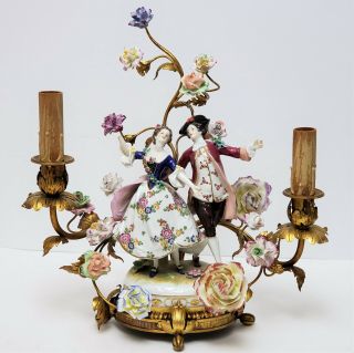 Antique Gilt Bronze Candelabra Lamp W Volkstedt Porcelain Figurine & Flowers