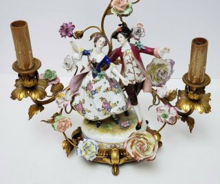 Antique Gilt Bronze Candelabra Lamp w Volkstedt Porcelain Figurine & Flowers 4