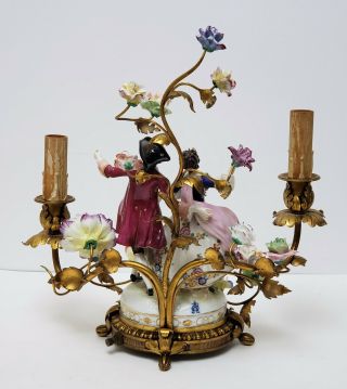 Antique Gilt Bronze Candelabra Lamp w Volkstedt Porcelain Figurine & Flowers 6