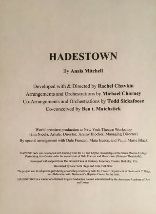 Hadestown - Playscript For Pre - Broadway Version At York Theatre Workshop.
