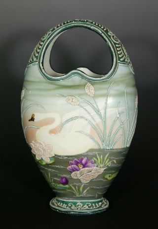 Nippon Old Noritake Swans Moriage Basket Vase Blue Maple Leaf