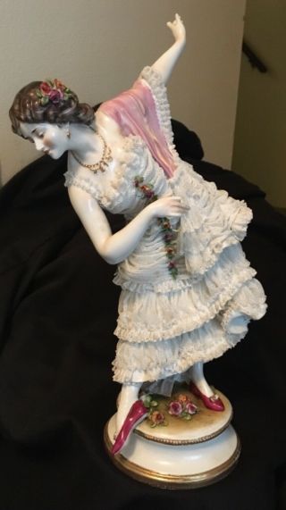 Large Vintage Volkstedt Dresden Lace Lady Dancer Porcelain Figurine