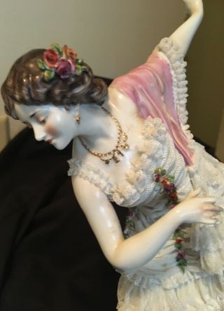 Large Vintage Volkstedt Dresden Lace Lady Dancer Porcelain Figurine 2