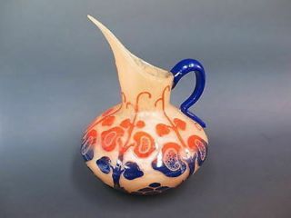 Le Verre Francais/ Schneider Acid Etched Flower Blue Orange Cameo Glass Ewer Jug