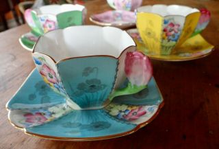 RARE SHELLEY QUEEN ANNE STYLE CUPS AND SAUCERS,  PATTERN 12121,  TULIP HANDLES 10