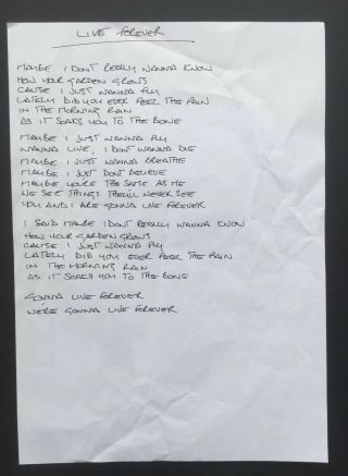 Oasis Noel Gallagher Live Forever Handwritten Lyrics