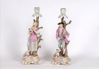 Antique Large Meissen Shepherd And Shepherdess Candlesticks Circa 1860
