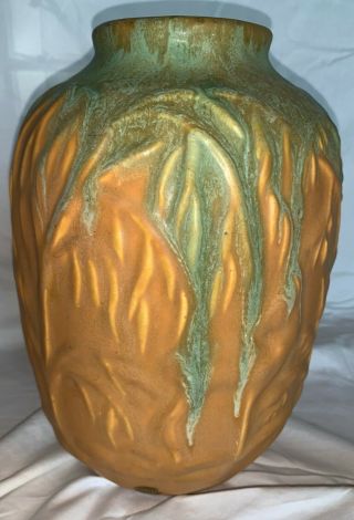 Monumental Rare Camark Deer In Forest Vase Green Drip Over Pumpkin/orange