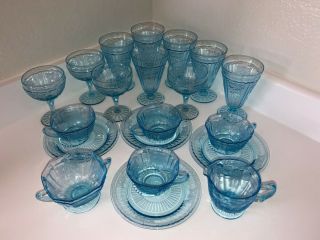 Rare Antique Etched Open Rose Mayfair Anchor Hocking Blue Glass Set