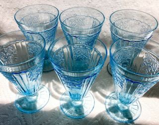 rare antique etched open rose mayfair anchor hocking blue glass set 2