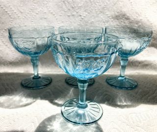 rare antique etched open rose mayfair anchor hocking blue glass set 3