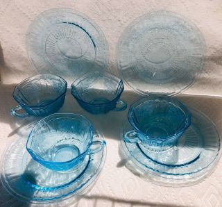 rare antique etched open rose mayfair anchor hocking blue glass set 4