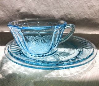 rare antique etched open rose mayfair anchor hocking blue glass set 5
