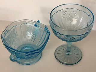 rare antique etched open rose mayfair anchor hocking blue glass set 9