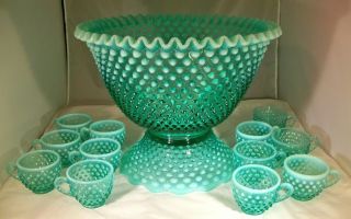 Fenton Hobnail Blue Green Opalescent 14 - Piece Footed Punch Bowl Set W/12 Cups