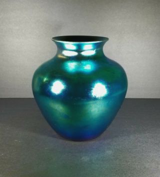 8 1/2 inches Carder Steuben 2683 Blue Aurene Rose Jar Vase at 2