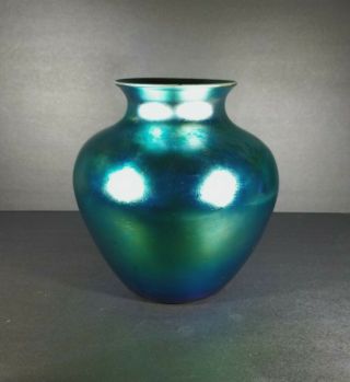 8 1/2 inches Carder Steuben 2683 Blue Aurene Rose Jar Vase at 4
