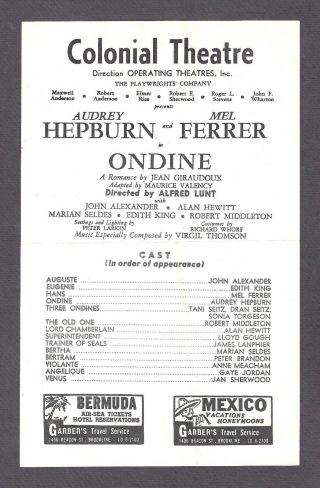 Audrey Hepburn " Ondine " Mel Ferrer / Marian Seldes 1954 Boston Tryout Playbill